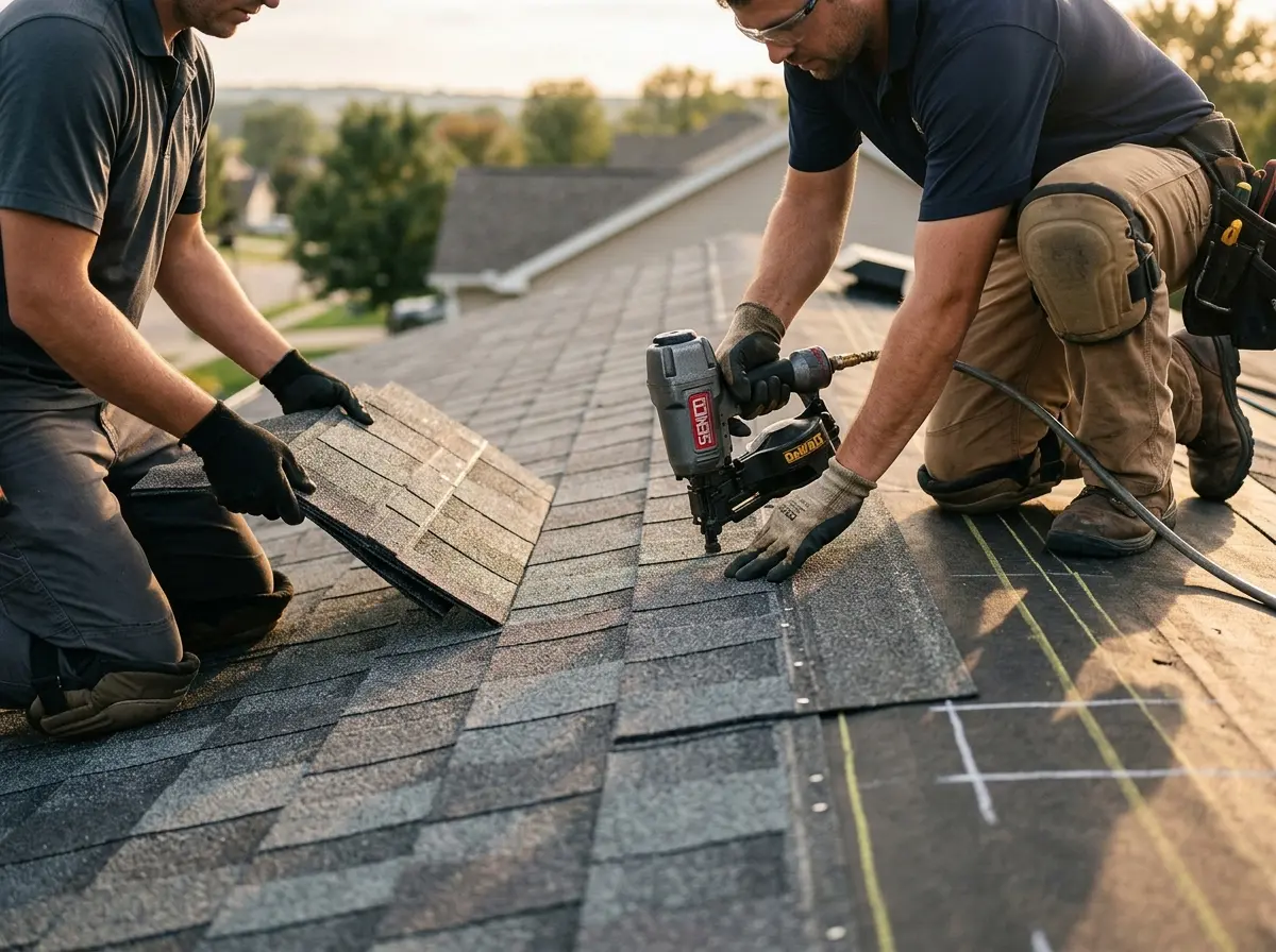 Professional roofer working on a residential roof in Gateway